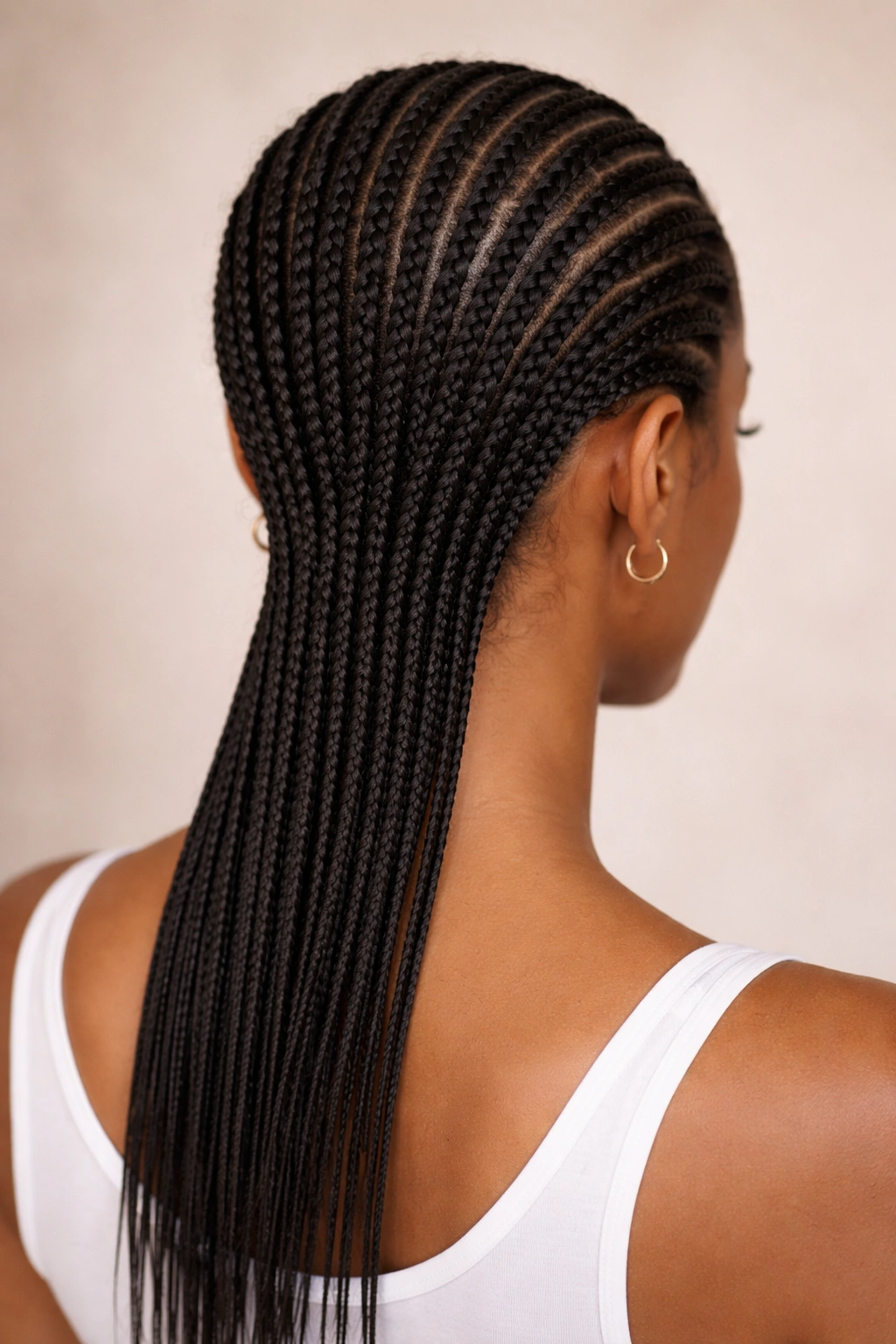 Back view of stacked cornrows with five to seven tight braids down the back of the head