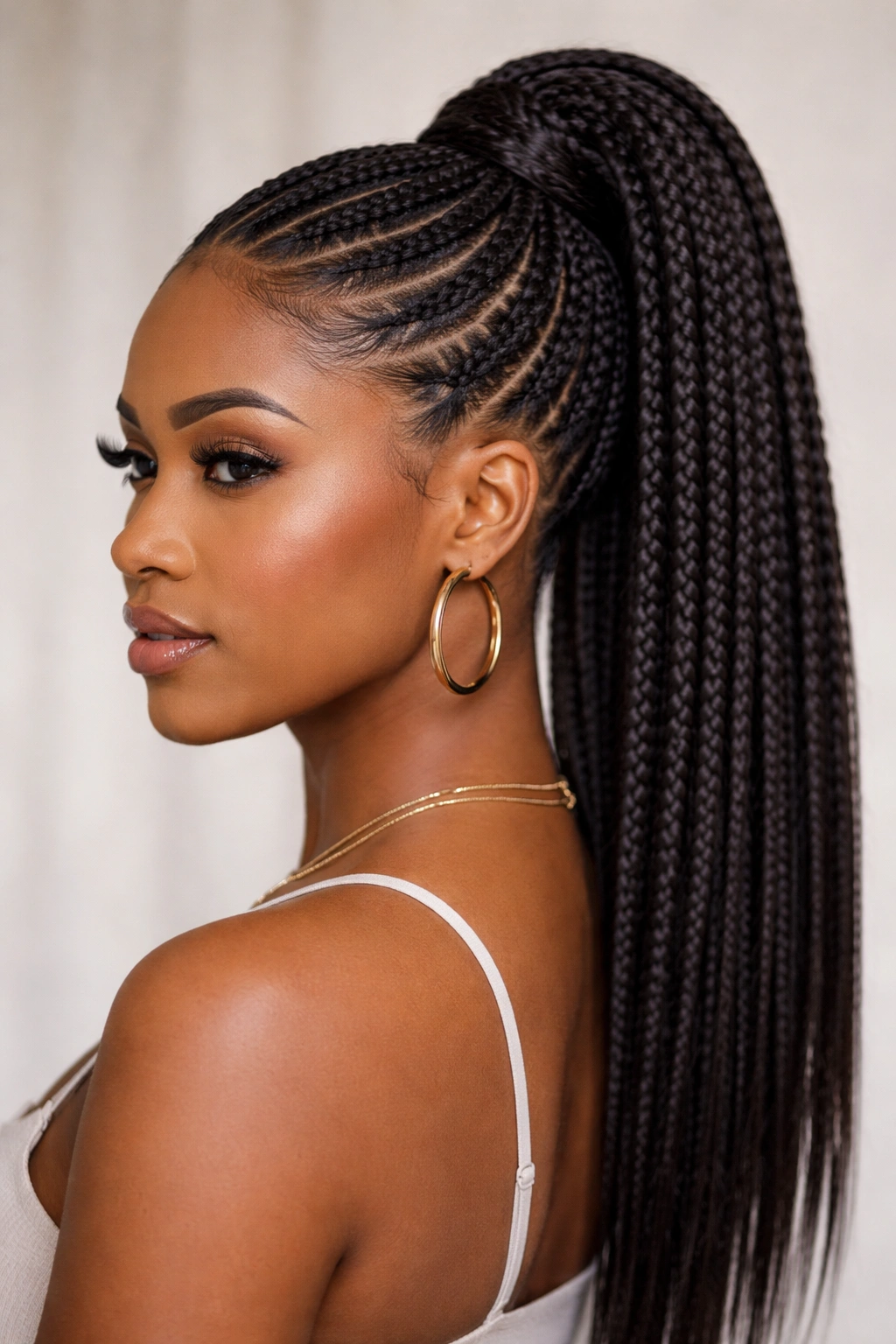Stacked cornrows forming a tall, voluminous high ponytail