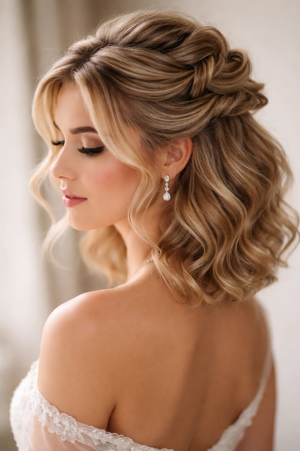 Curls pinned at crown with loose waves around face for short hair.