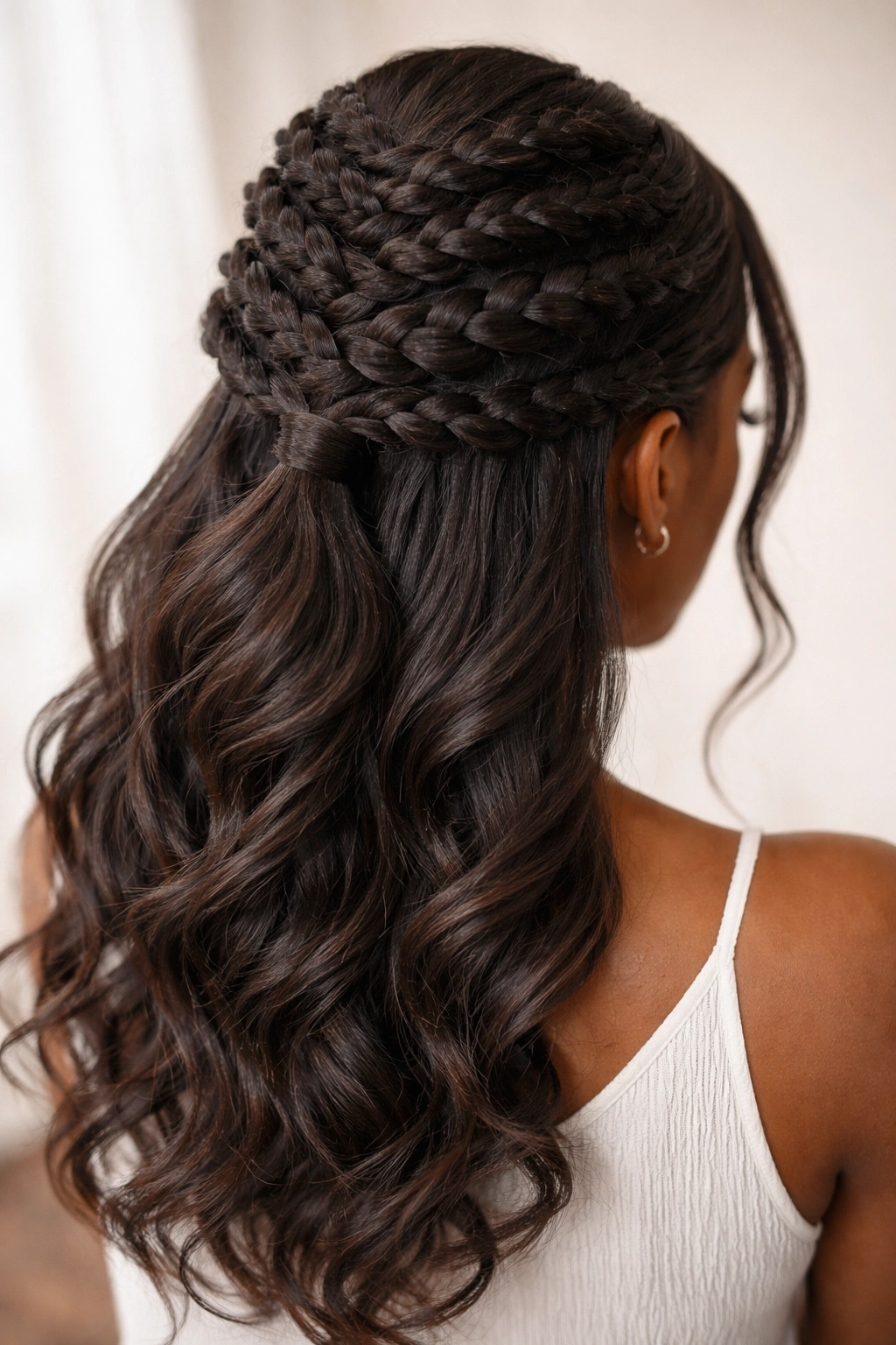 Stacked French braids on crown integrated into half-updo.