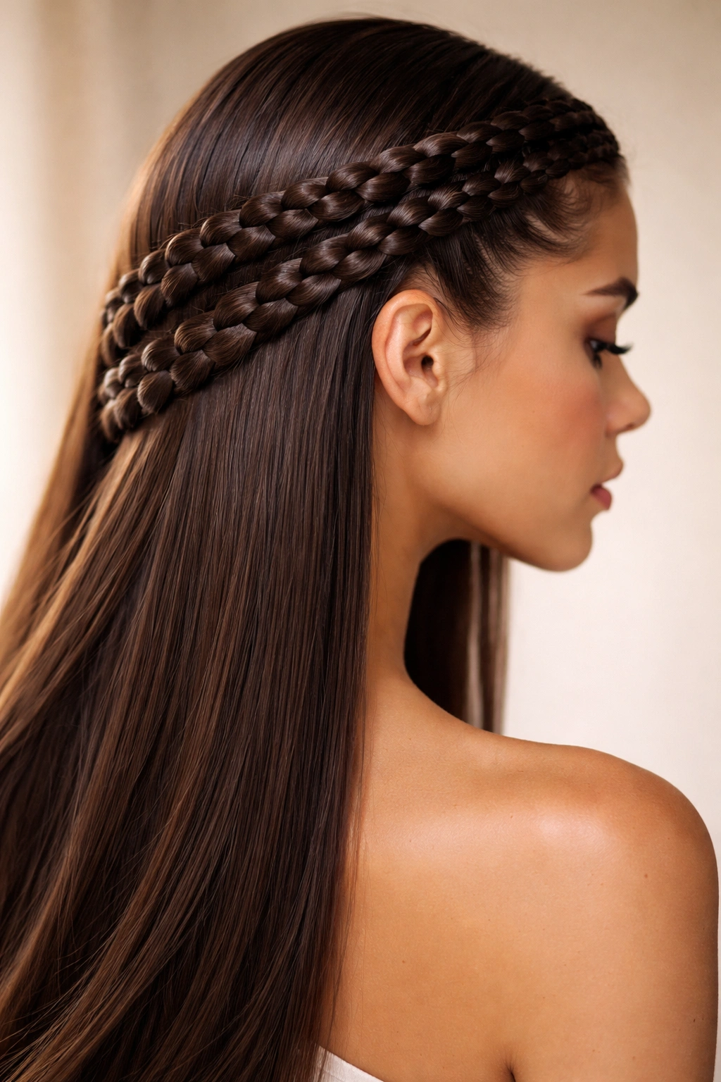 Stacked goddess braids showing layered dimension on straight hair in studio