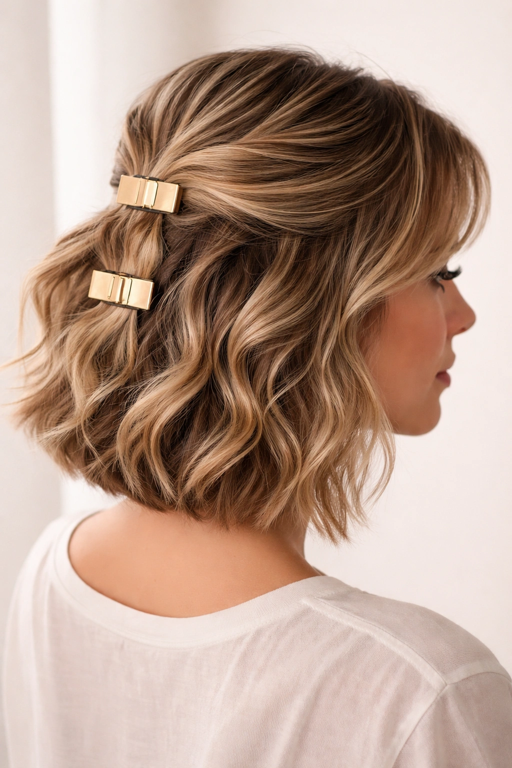 Short wavy hair with stacked clips creating a tiered half-up look