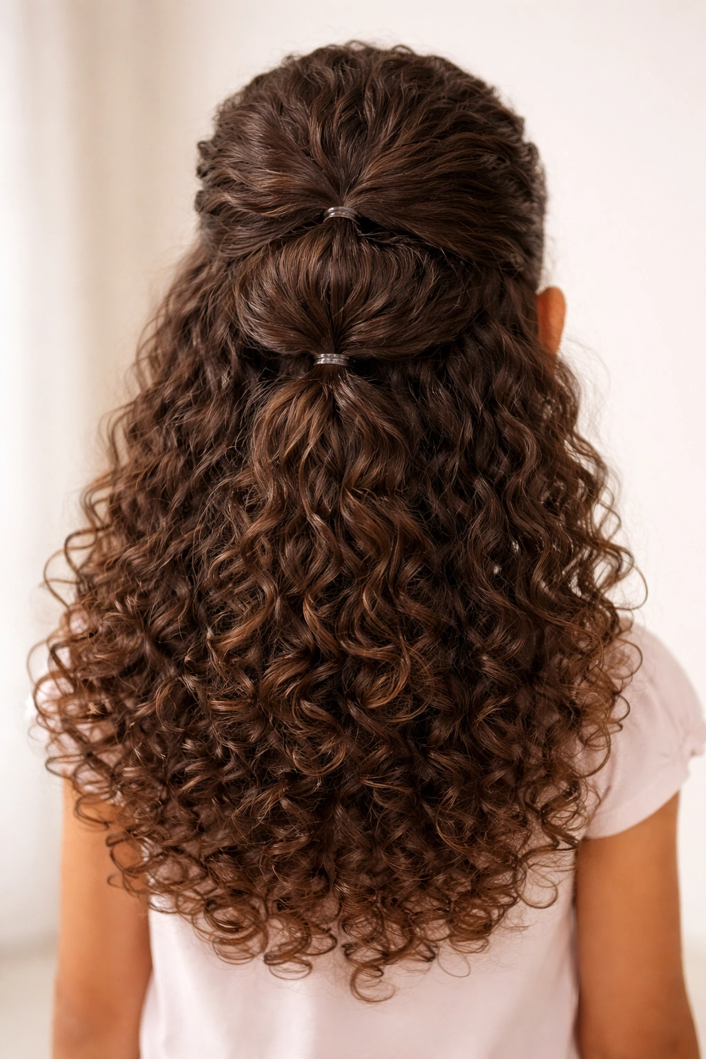 Close-up of two-tier stacked half-up hairstyle on long curly hair