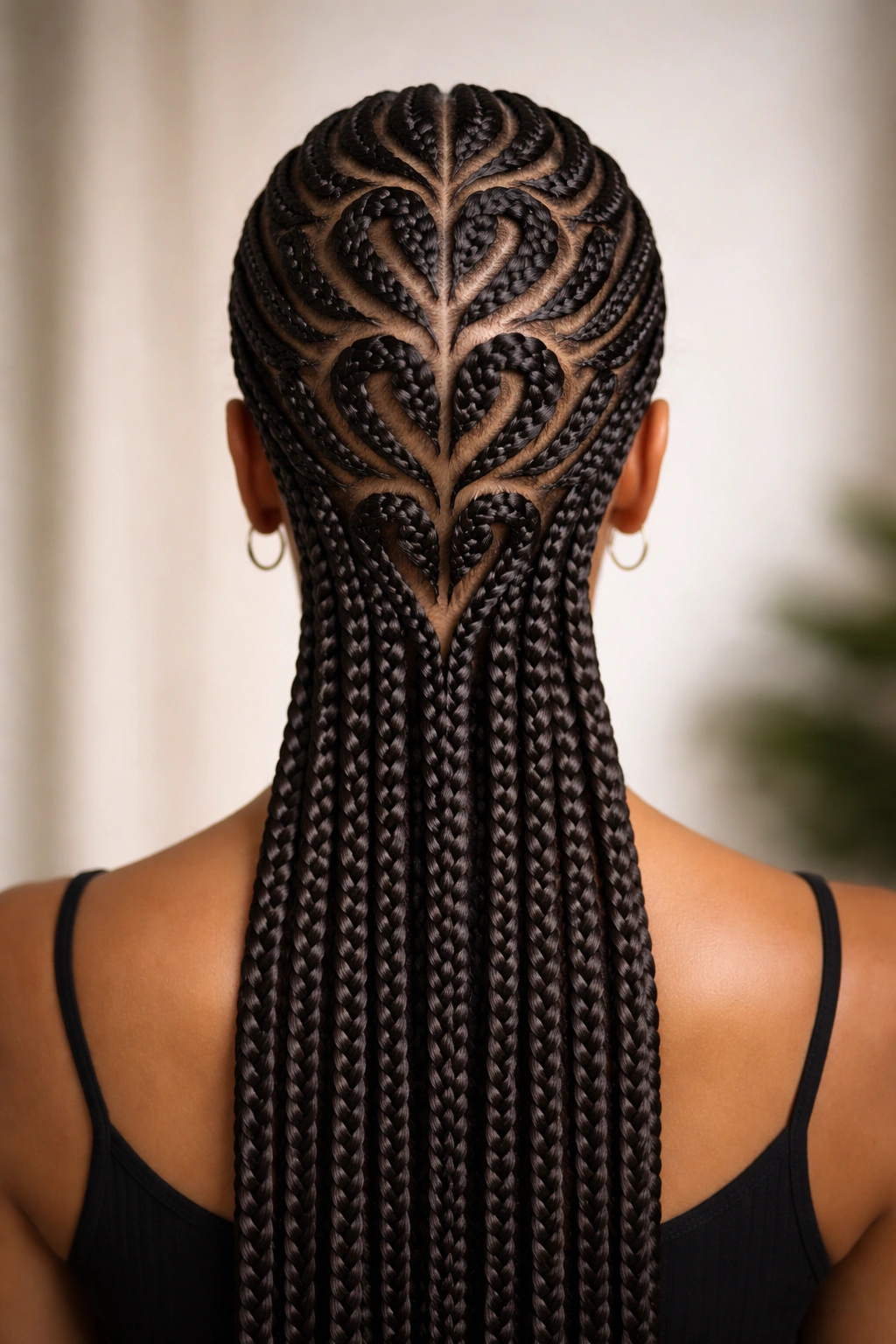 Rear view stacked heart cornrows from crown to nape with precise, evenly spaced braids