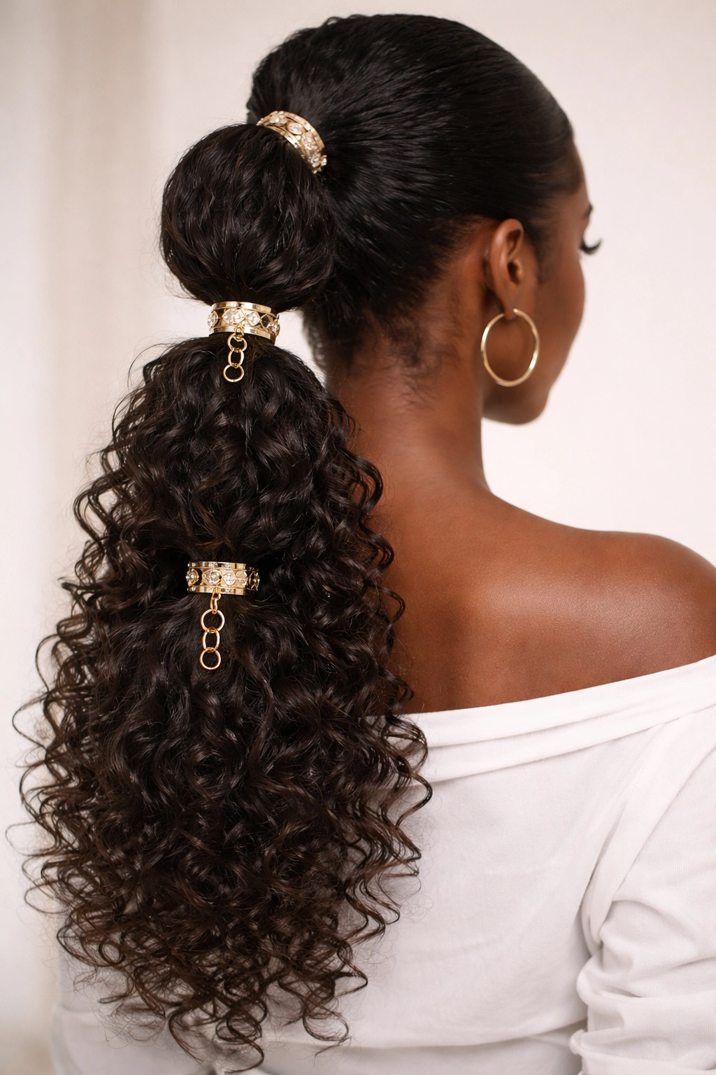 Back view of two stacked ponytails with decorative cuffs