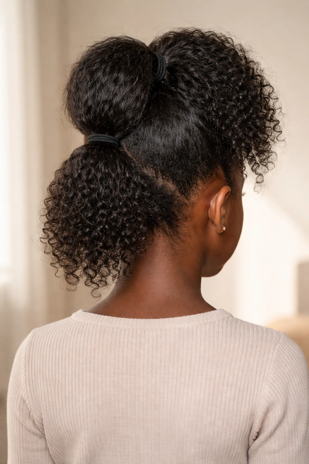 Back view of two stacked ponytails at different heights on the head.