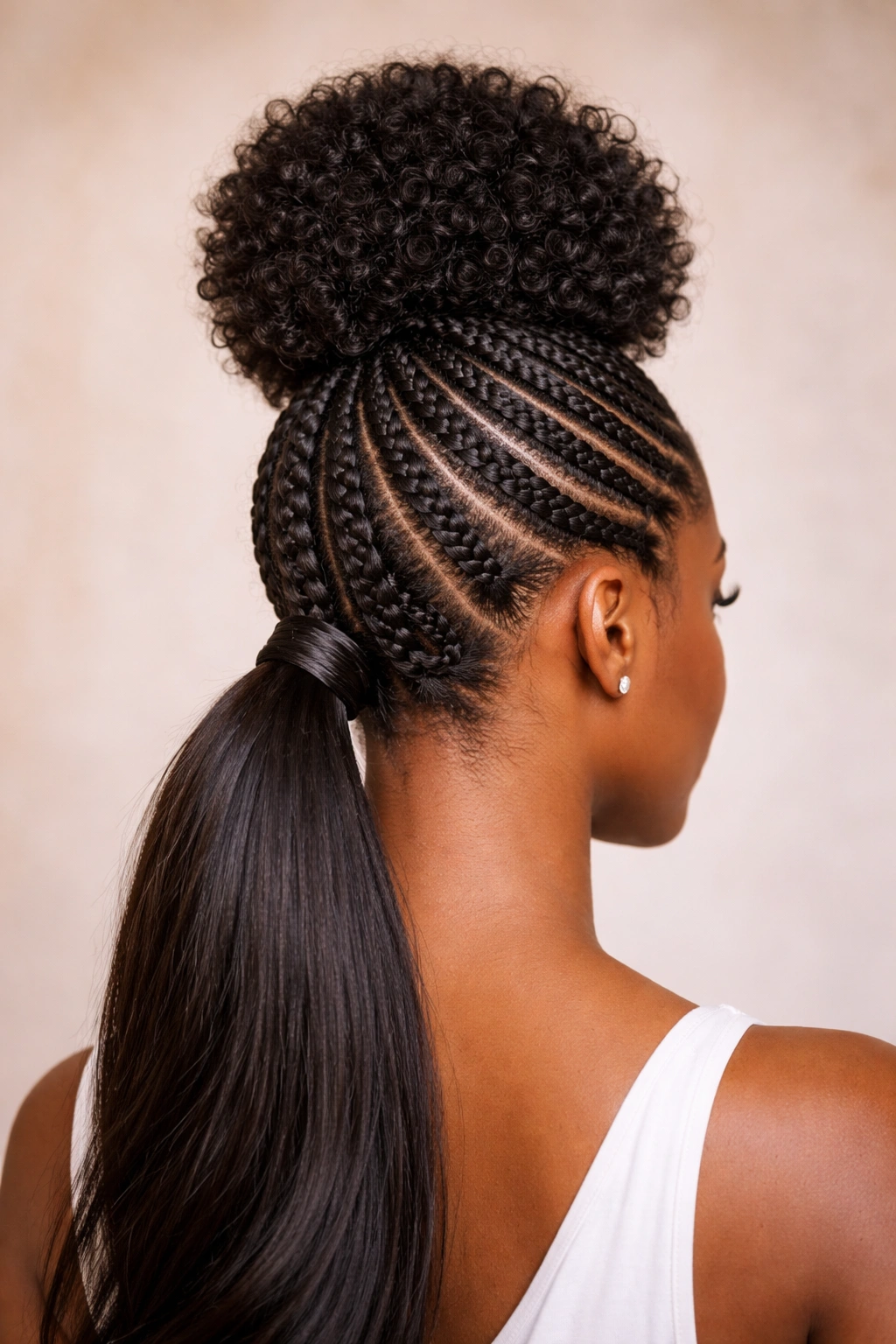Back view of stacked cornrows with a voluminous puff and ponytail