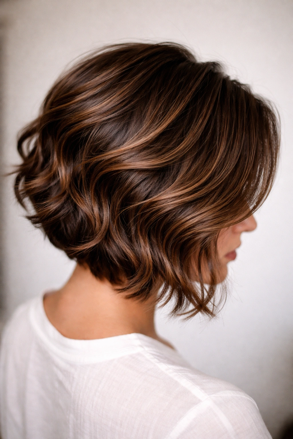 Stacked wavy bob with dimensional brown tones and crown volume