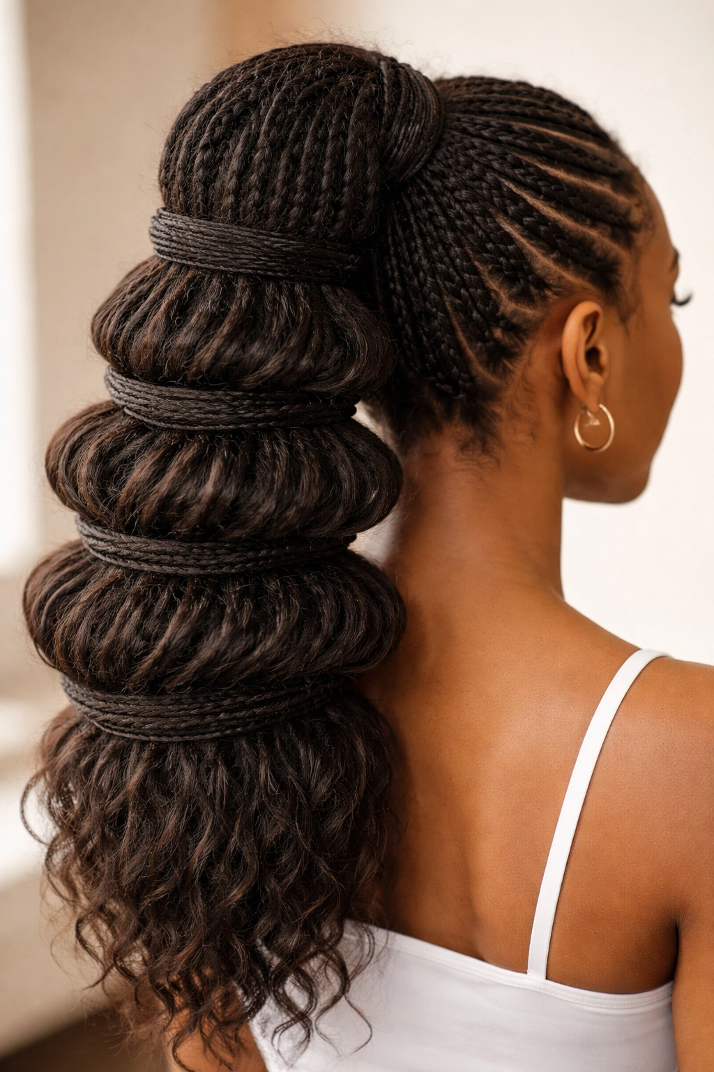 Close-up back view of The Stacked Weave Ponytail showing layered weave sections