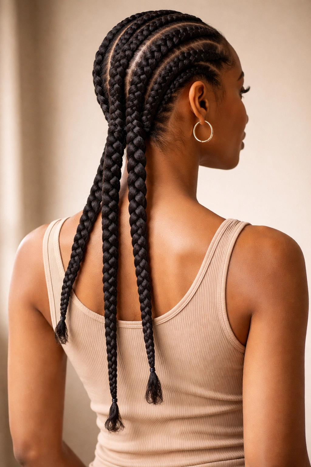 Close-up of three staggered-length cornrow braids ending at different points along the neck