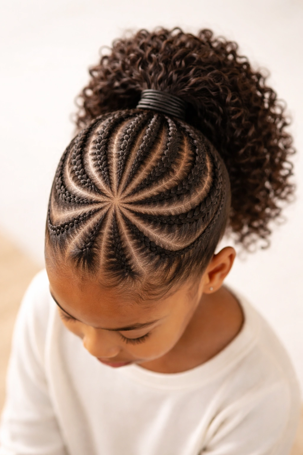 Top-down view of starburst cornrows radiating from crown into ponytail