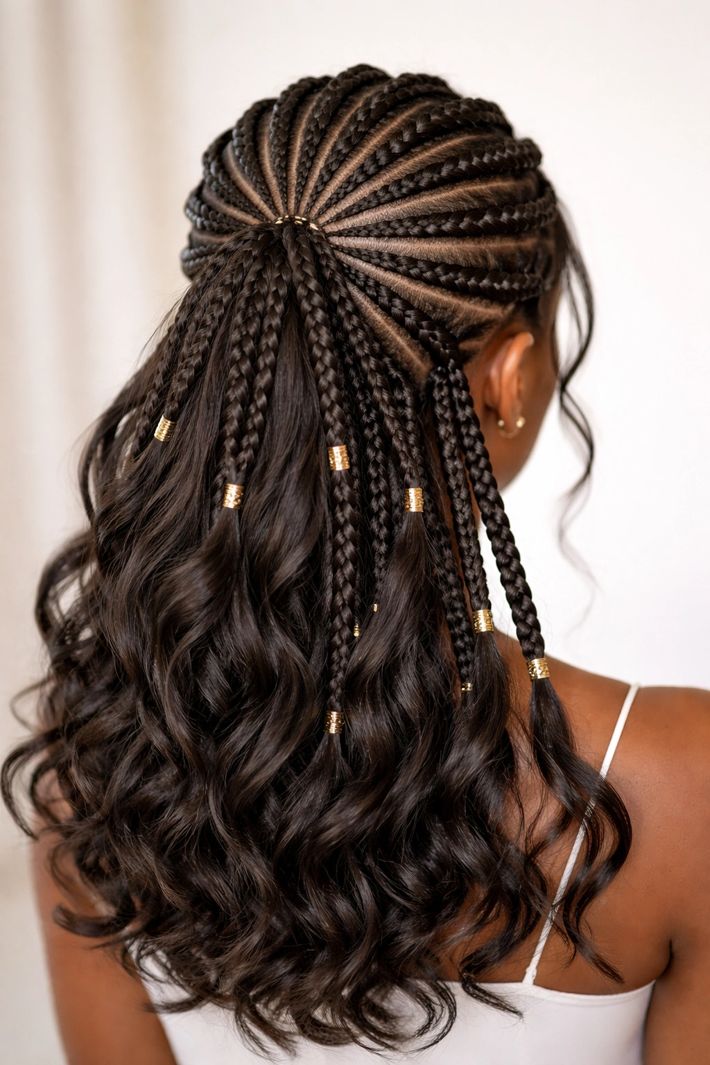 Starburst crown of cornrows radiating from center with loose ends.