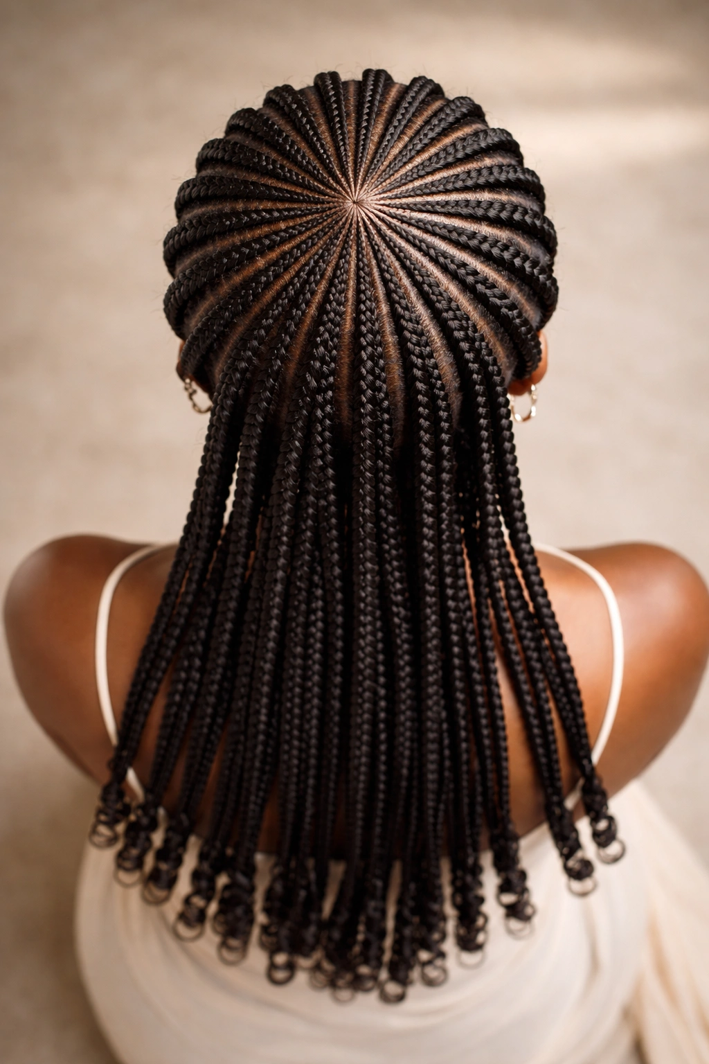 Top-down view of starburst crown with radiating braids, no text