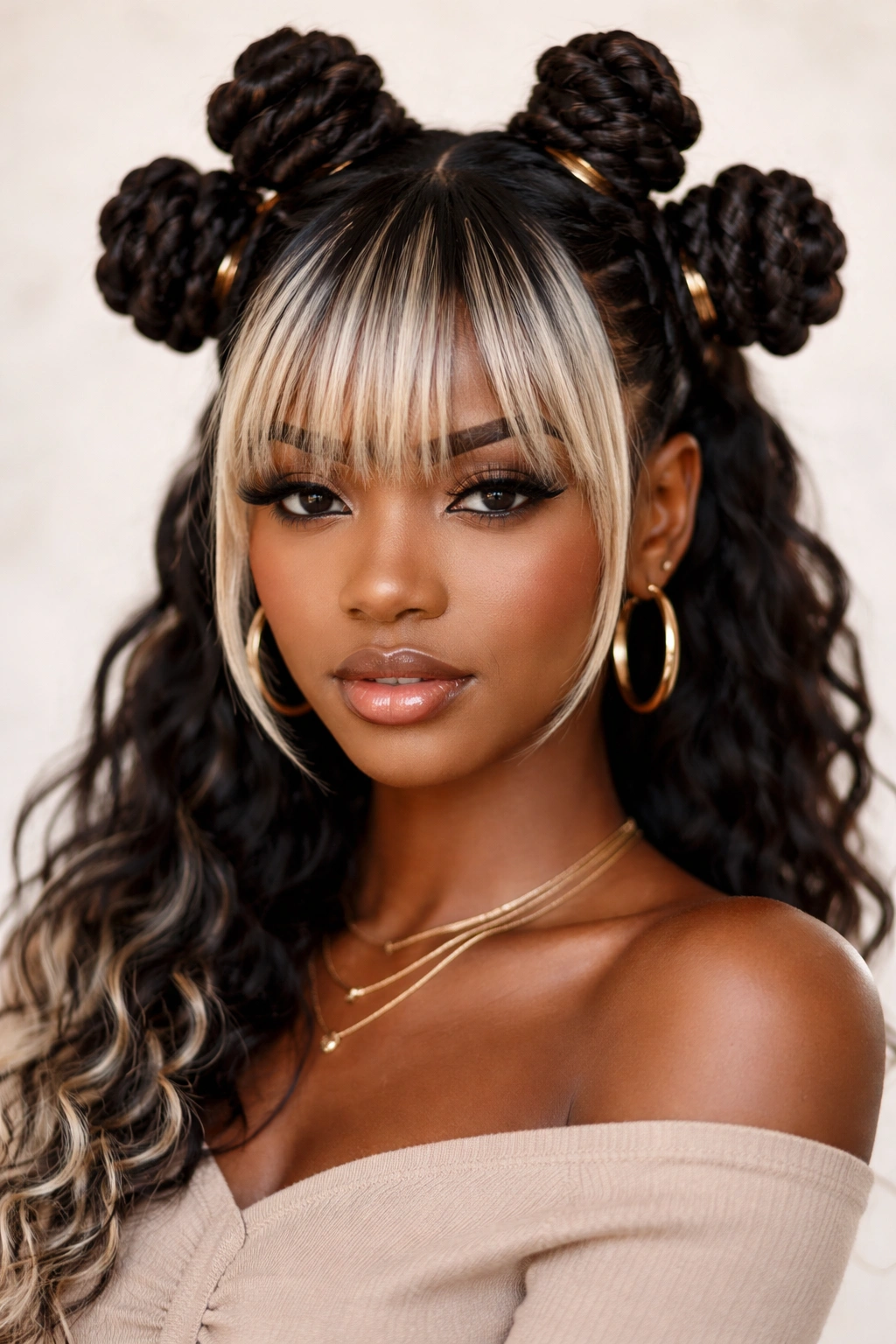 Voluminous statement bantu knots with frosted bangs