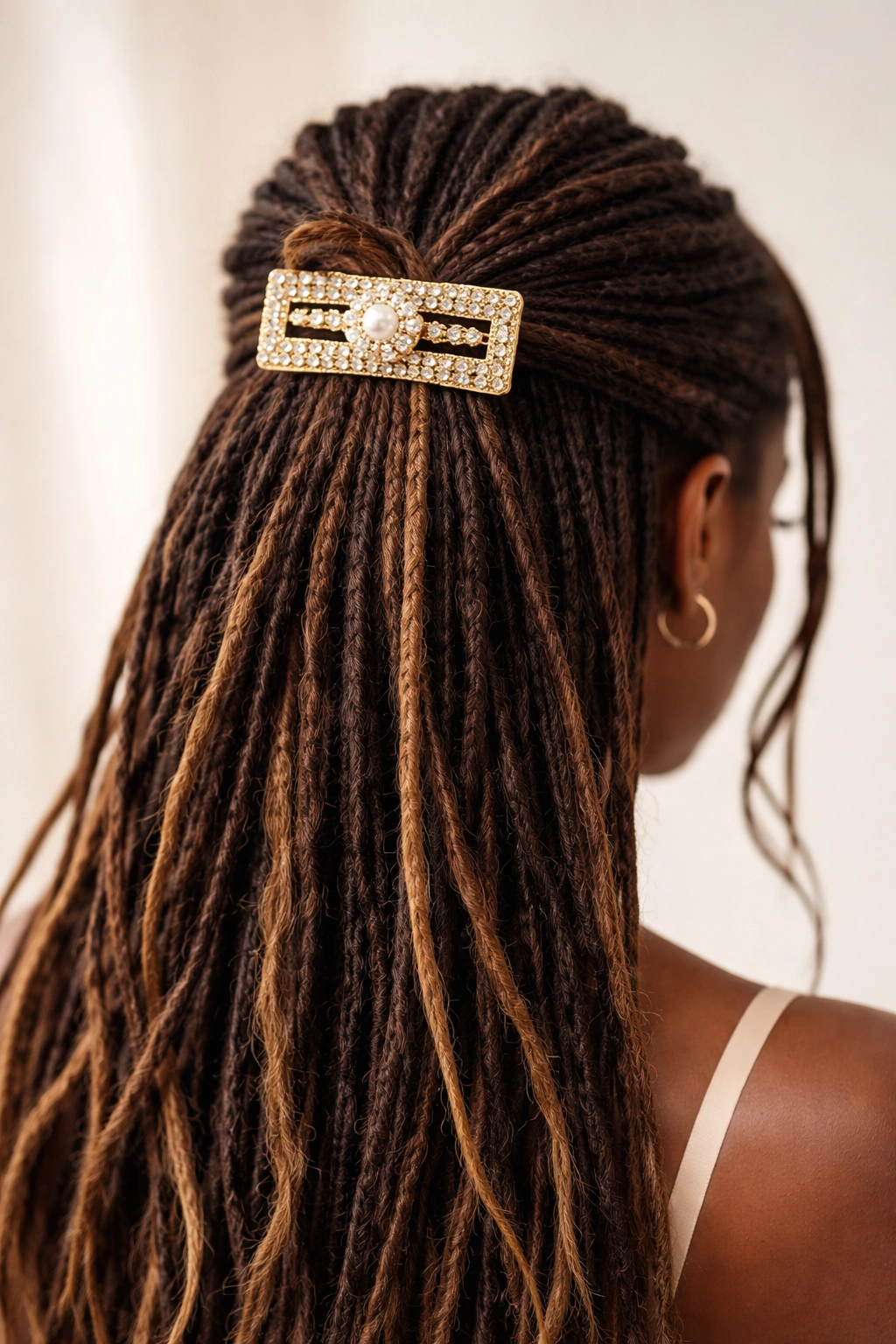 Close-up of a bold decorative hair clip securing a half-up ponytail in locs