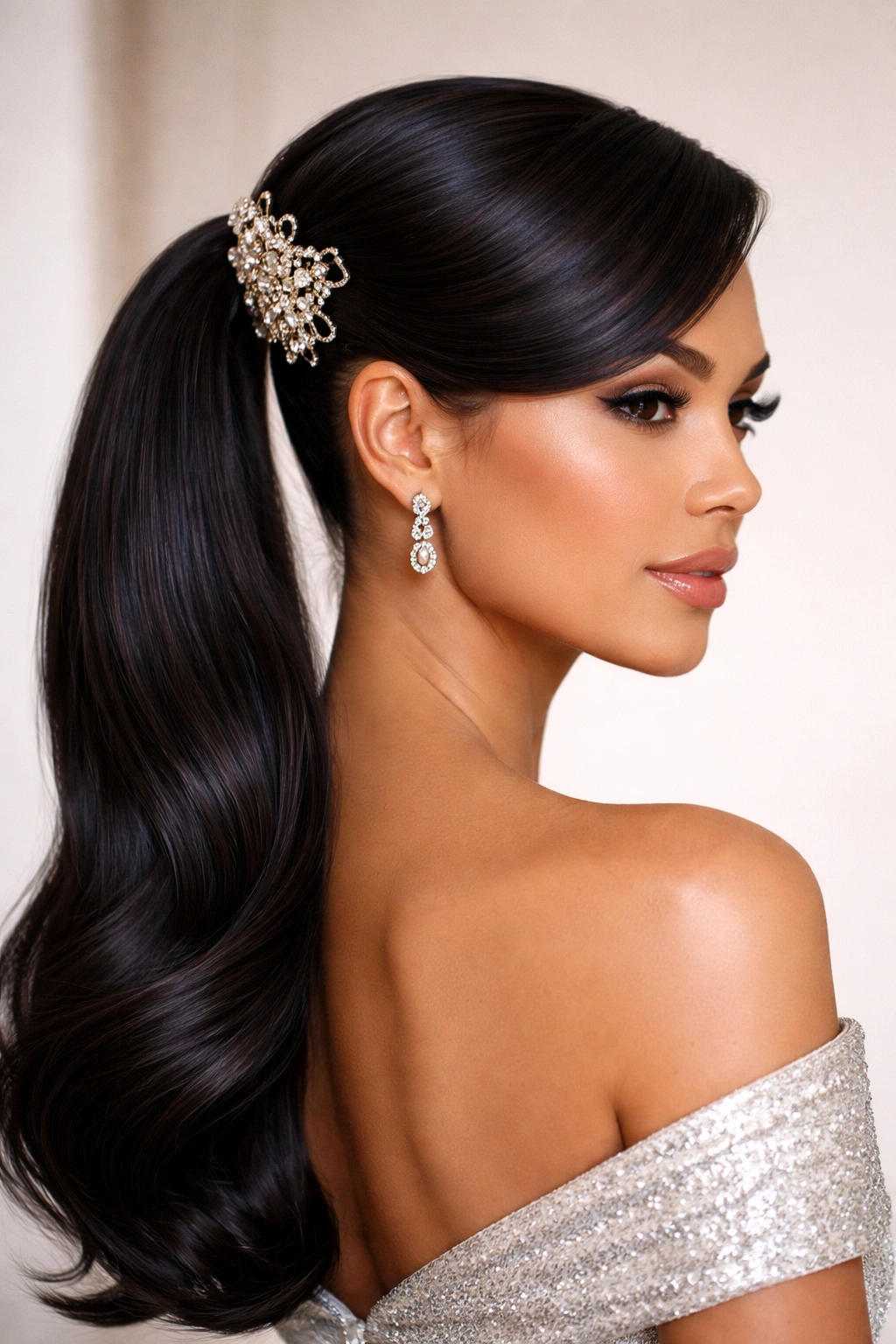 Three-quarter view of swoop ponytail with a decorative pin at the swoop-ponytail junction