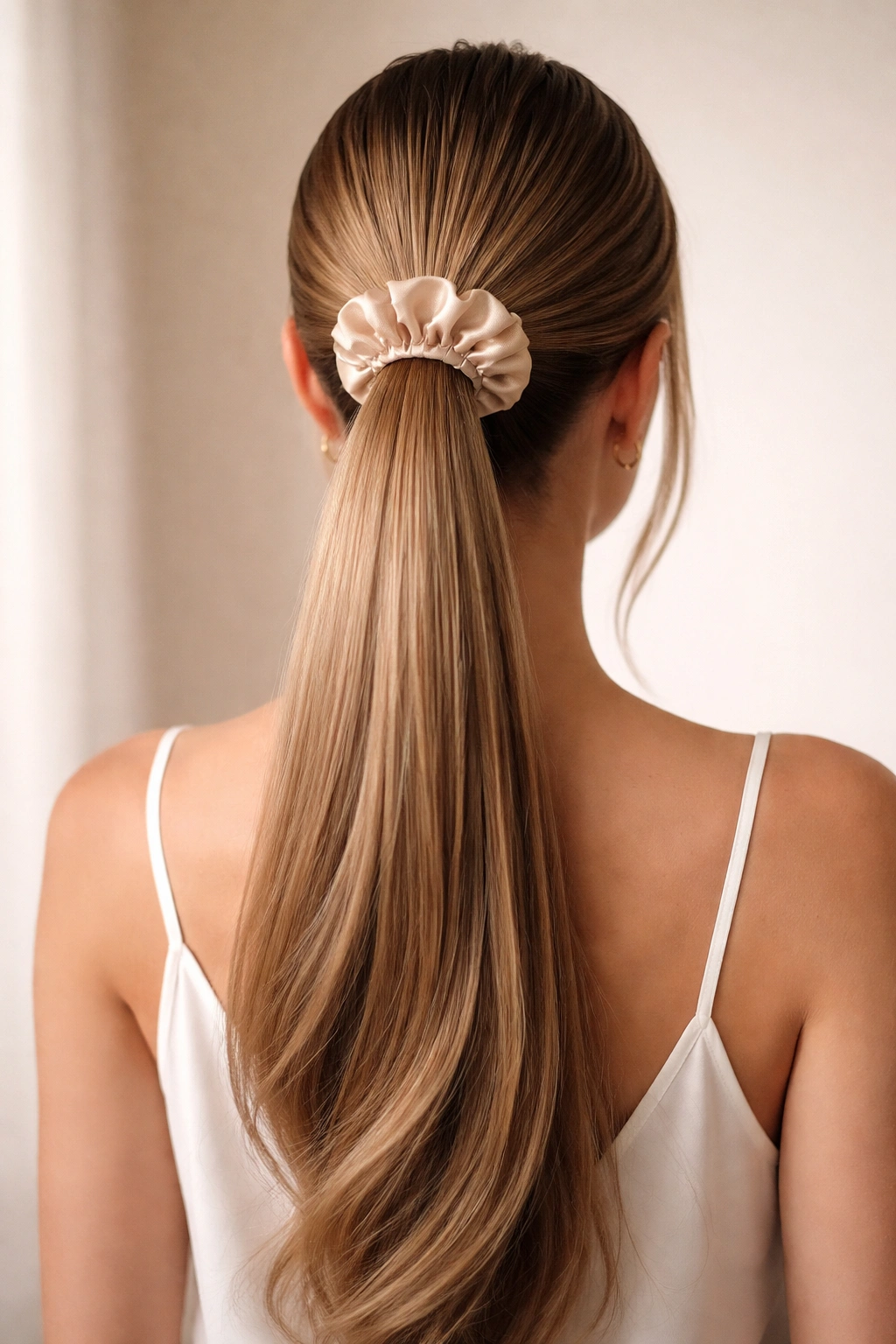 Ponytail with a single decorative accessory against straight hair