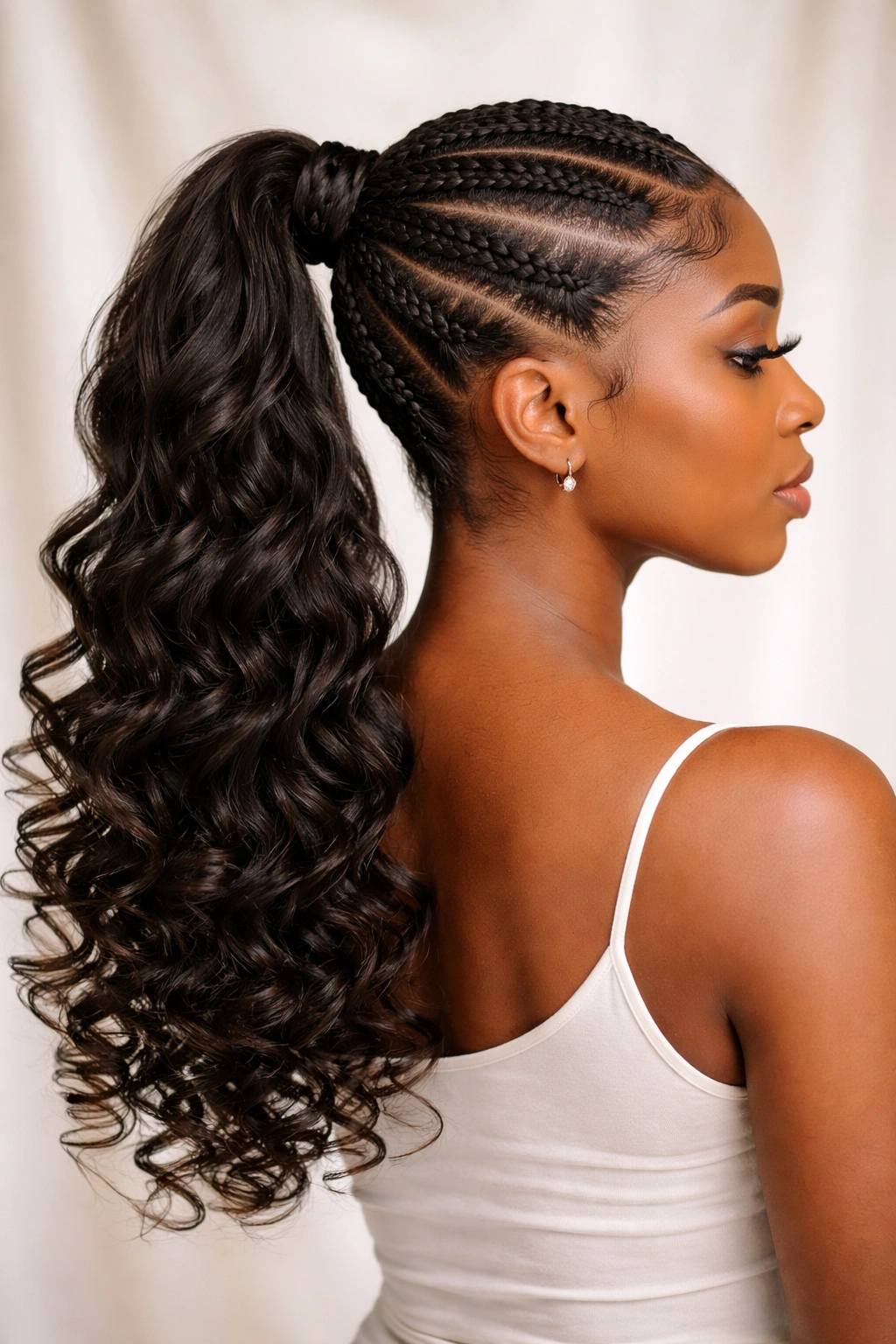 Stitch braid ponytail with curled ends