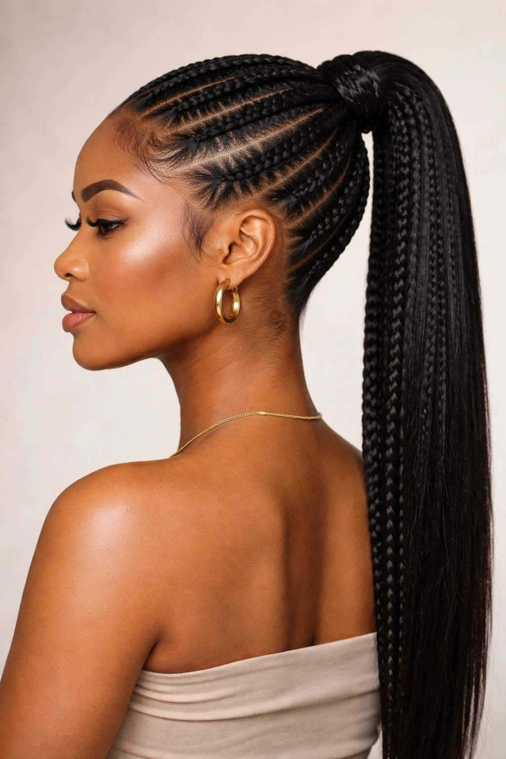 Contemplative head-and-shoulders portrait with a stitch braid ponytail, studio lighting highlighting braided texture.
