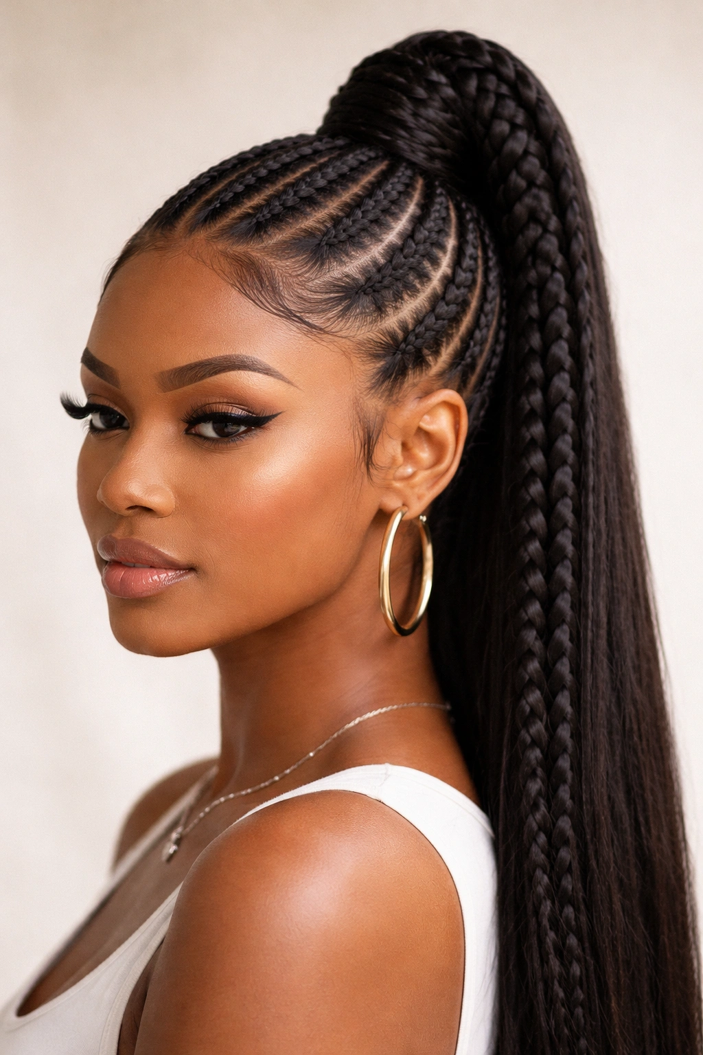 Close-up of a classic high stitch braid ponytail with crown braids