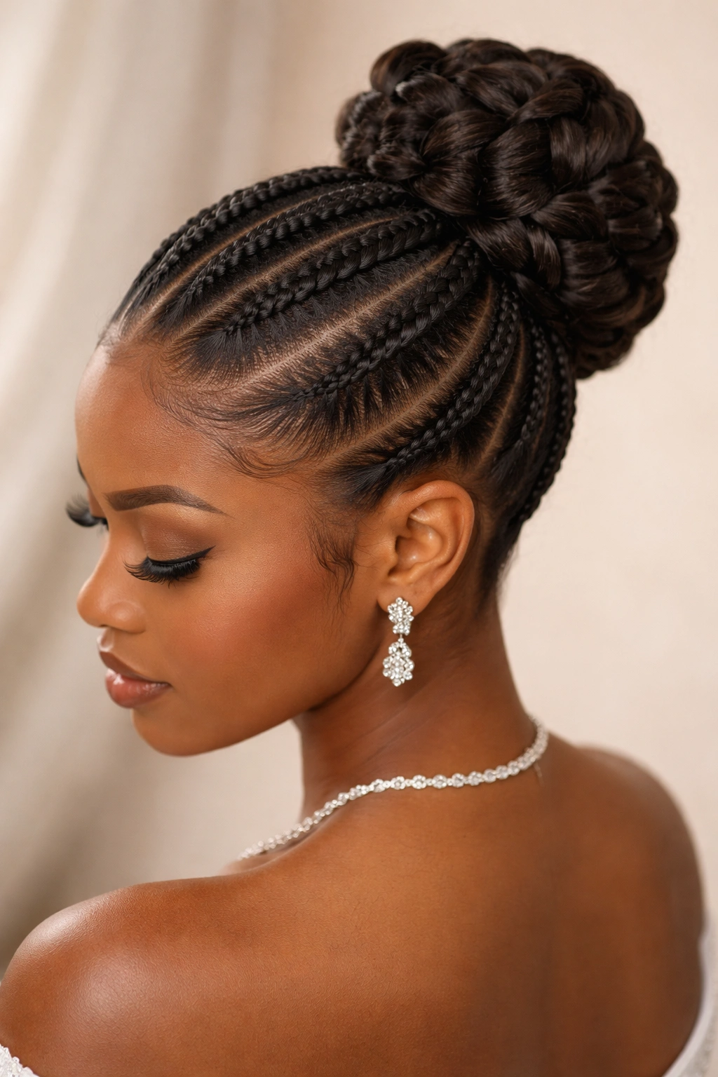 Stitch braid ponytail updo with sculptural braided arrangement