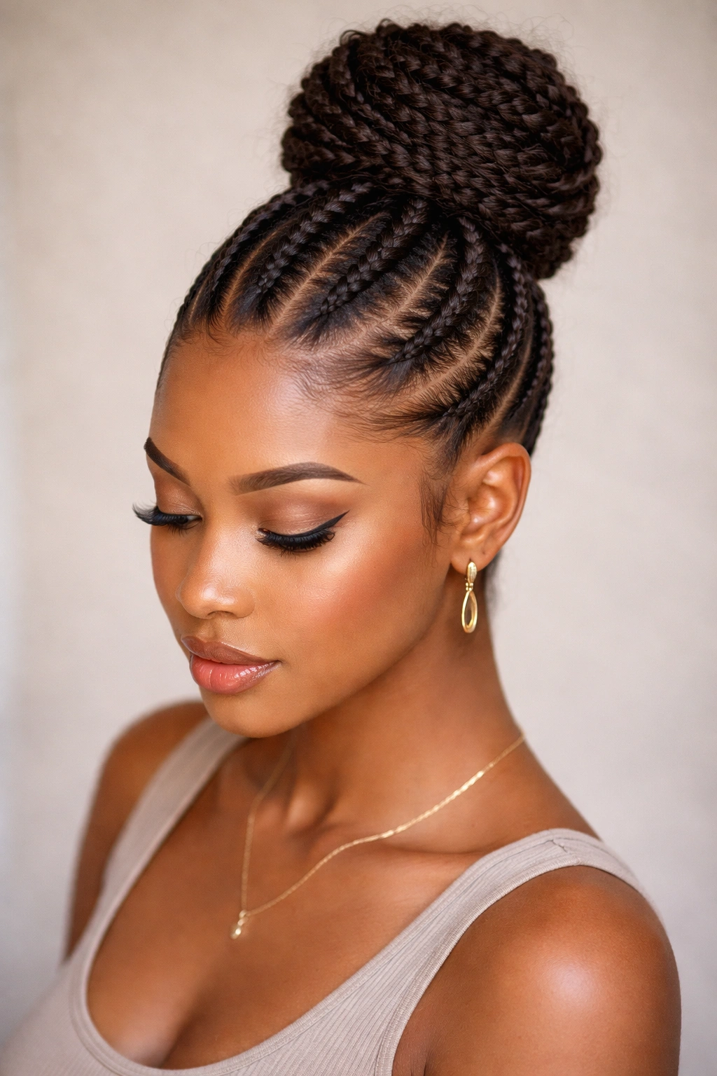 Close-up of high stitch cornrow bun with braids converging at the crown