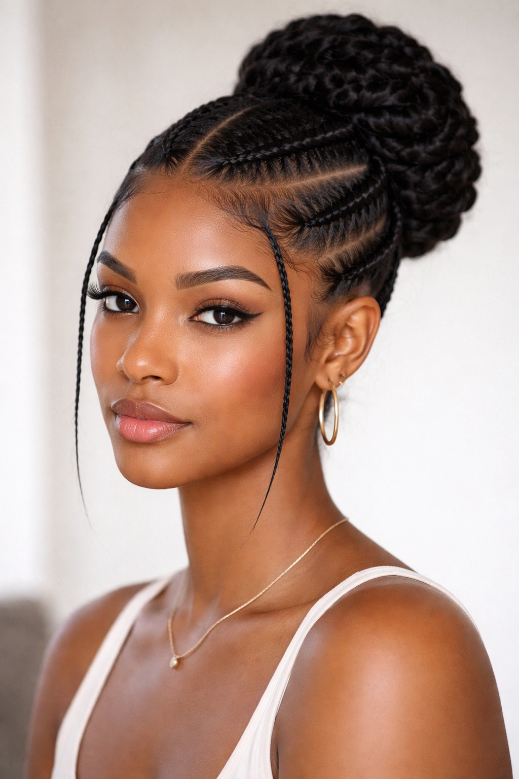 Face-framing stitch cornrows with a textured bun at the back