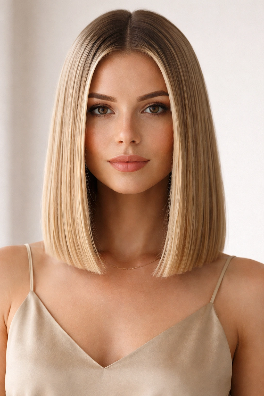 Uniform straight-across length lob with blunt ends on straight hair