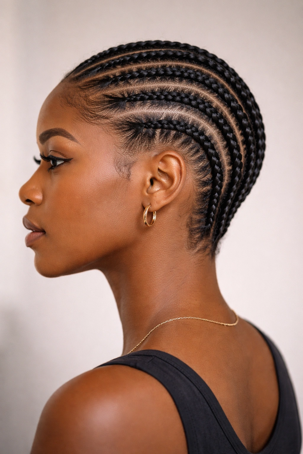 Close-up of straight-back cornrows on short natural hair.