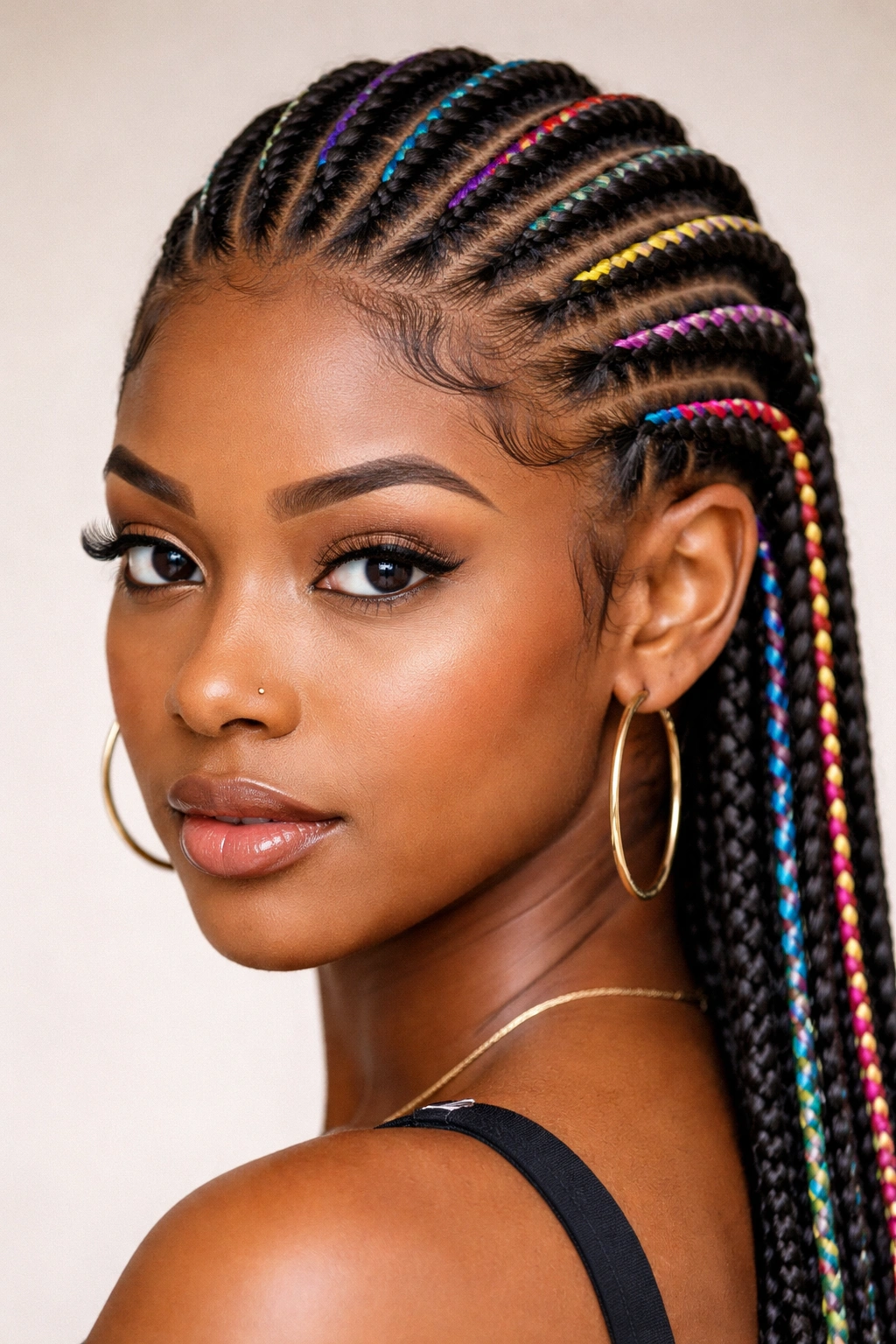 Close-up of straight-back cornrows woven with colorful thread highlighting braid texture