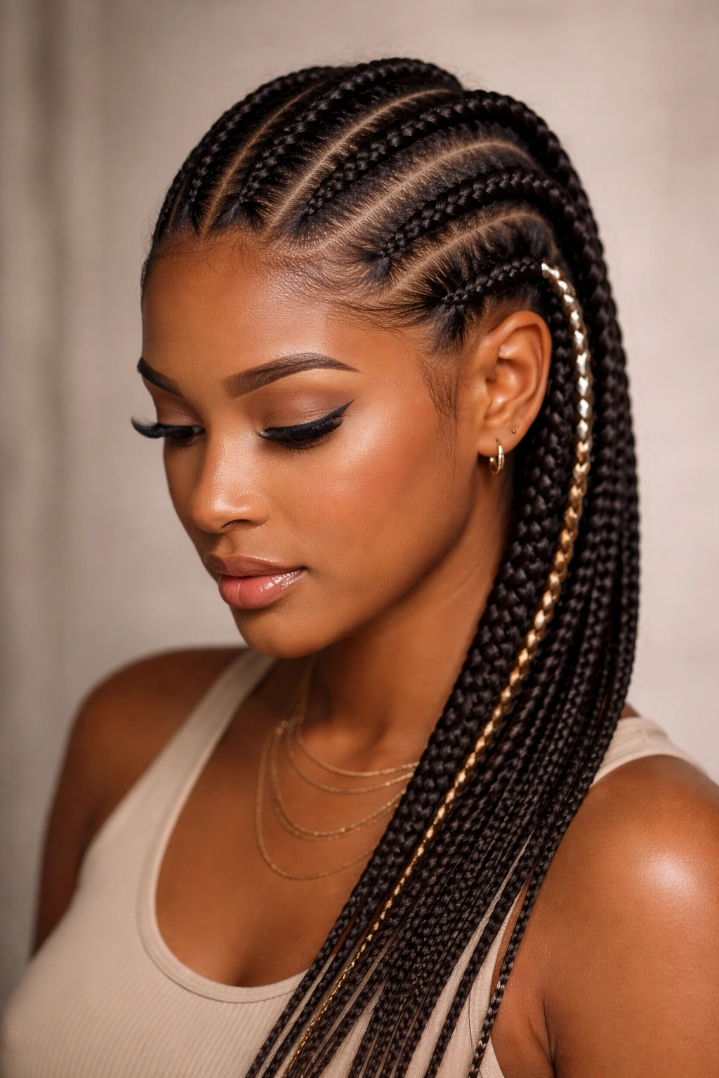 Straight-back feed-in cornrows featuring a modern twist with metallic wrap