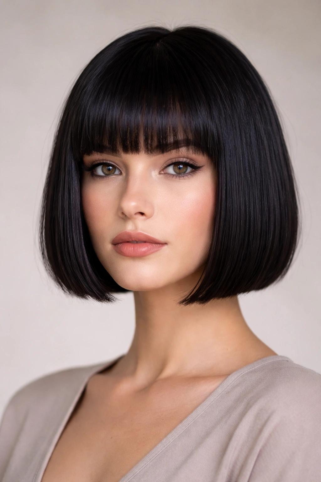Front view of a blunt straight bangs bob with chin-length cut