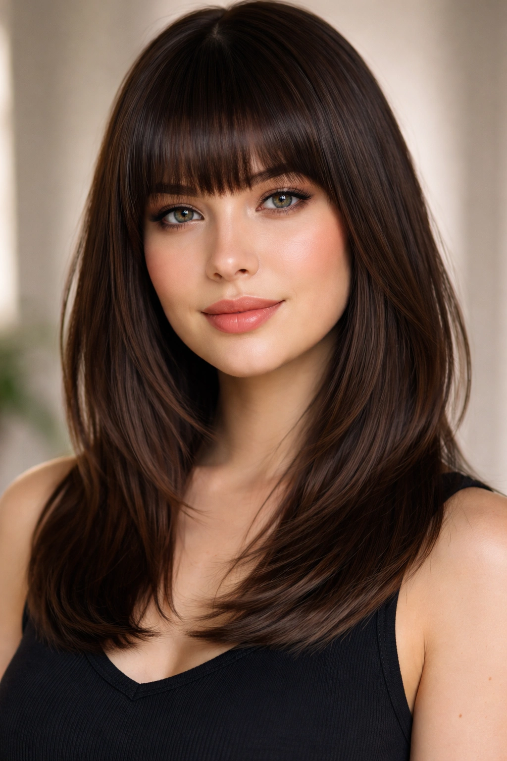 Blunt straight bangs with shoulder-length layers on a round-faced subject
