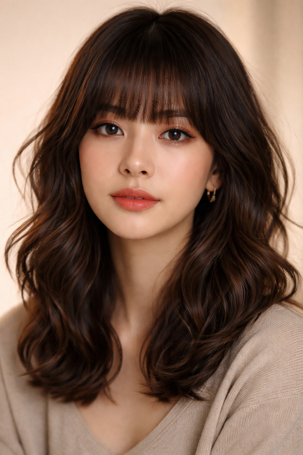 Portrait showing blunt straight bangs and tousled waves