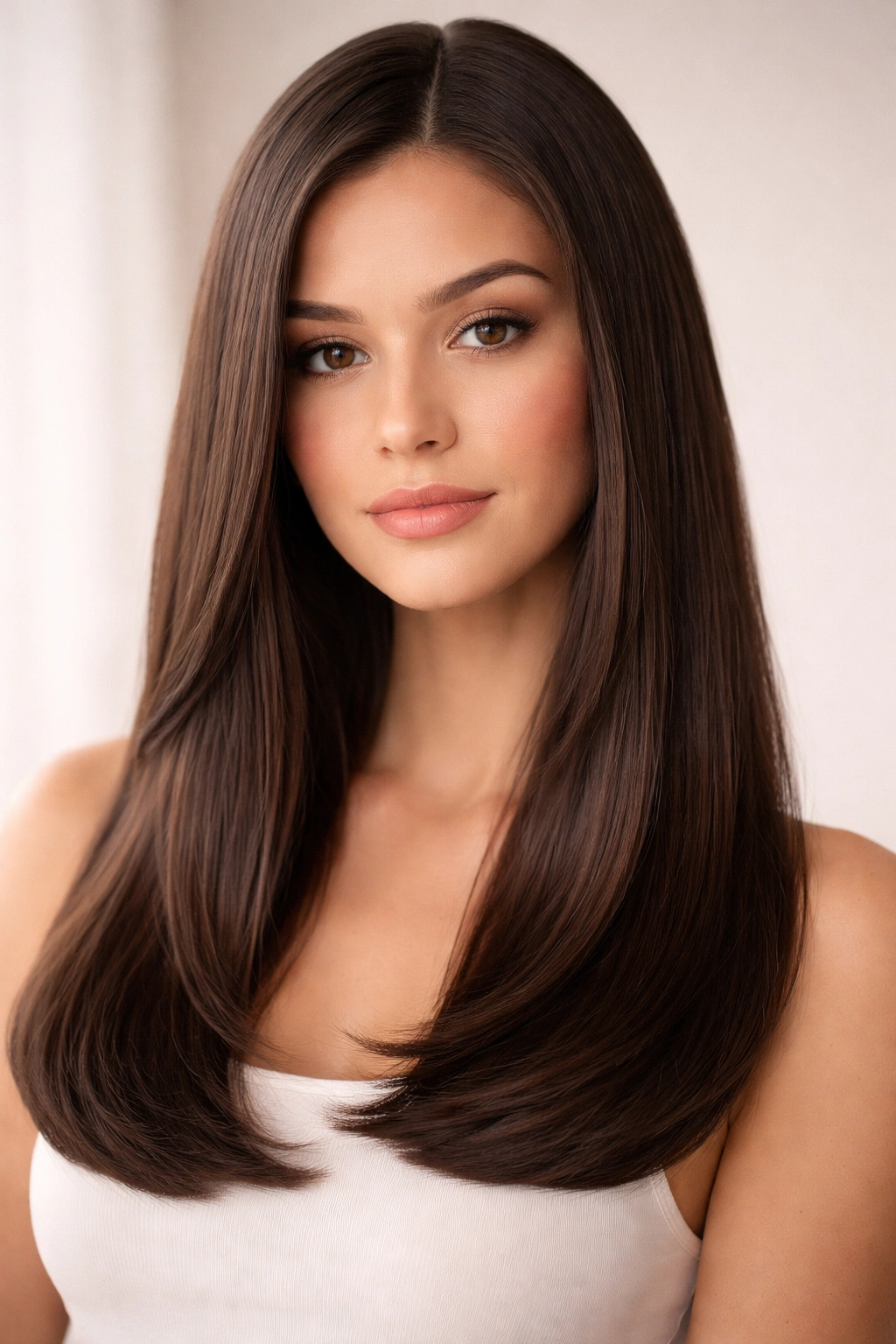 Close-up of sleek straight hair with inward-curved ends framing the face