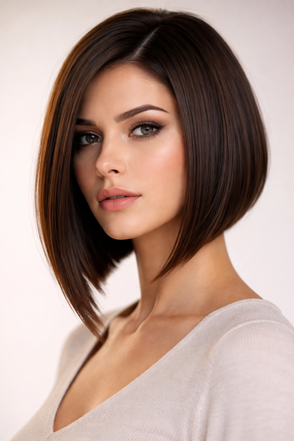 Portrait of a person with a straight bob featuring longer front pieces framing the face