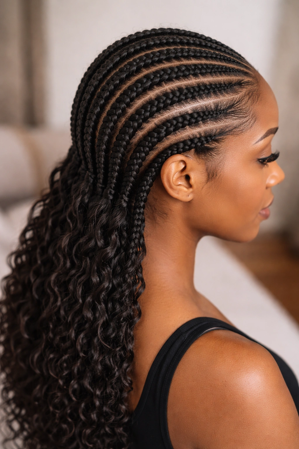Straight-back crochet cornrows close-up with seamless crochet extensions