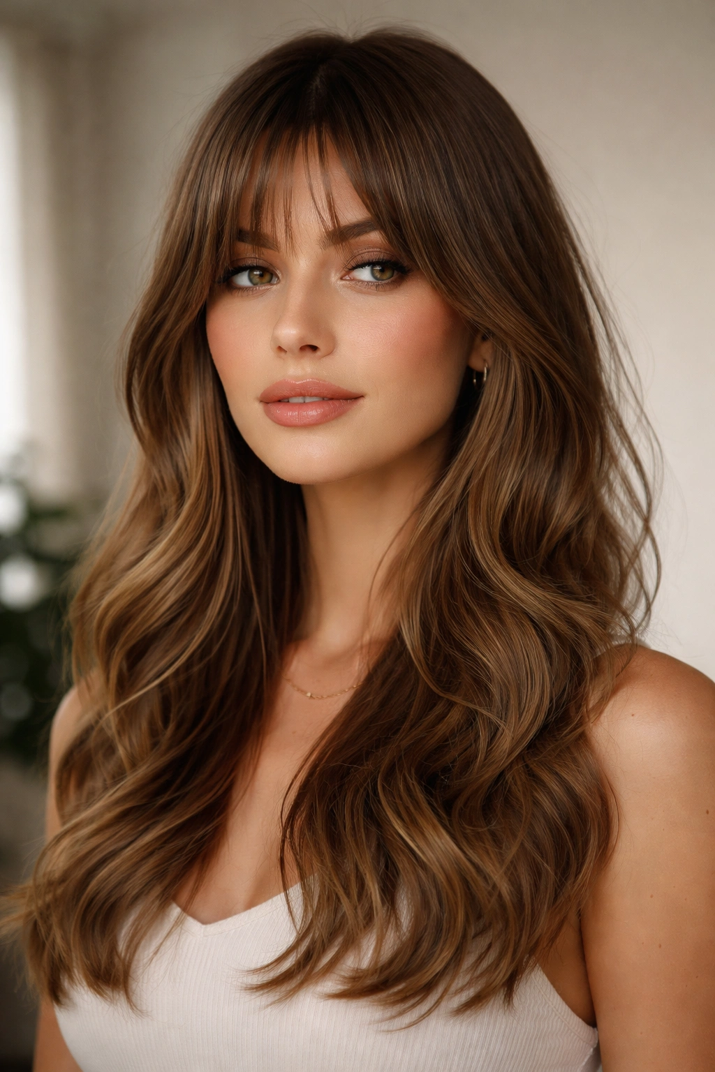 Close-up of a model's head showing straight crown, curved bangs, and wavy ends
