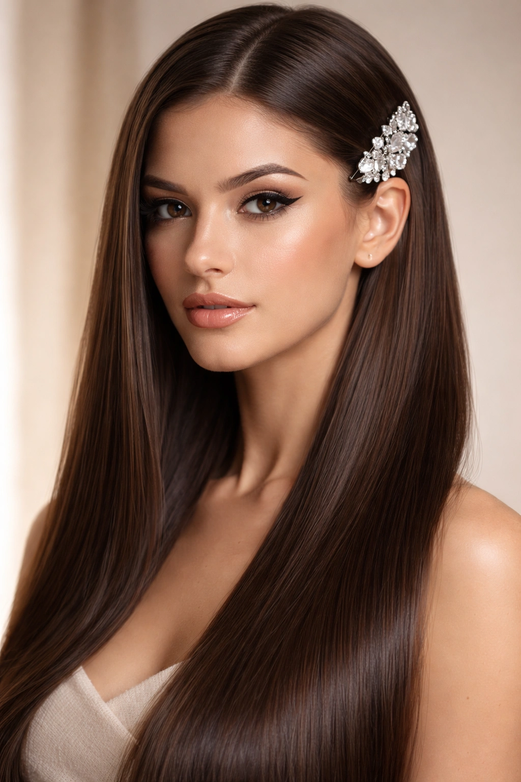 Close-up of a model with a glossy straight blowout and a bold jeweled hair clip