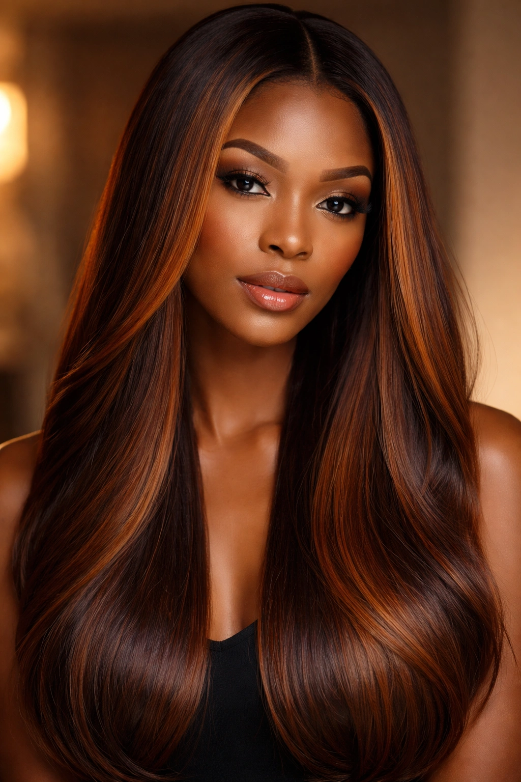 Close-up of straight hair with brass copper tones reflecting warm studio light