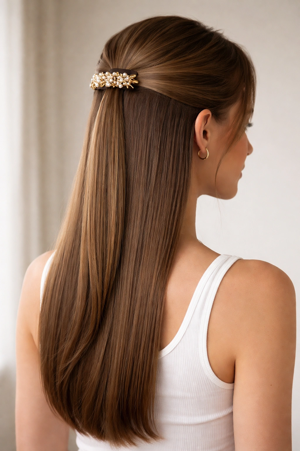 Straight hair half-up with decorative clip in studio portrait