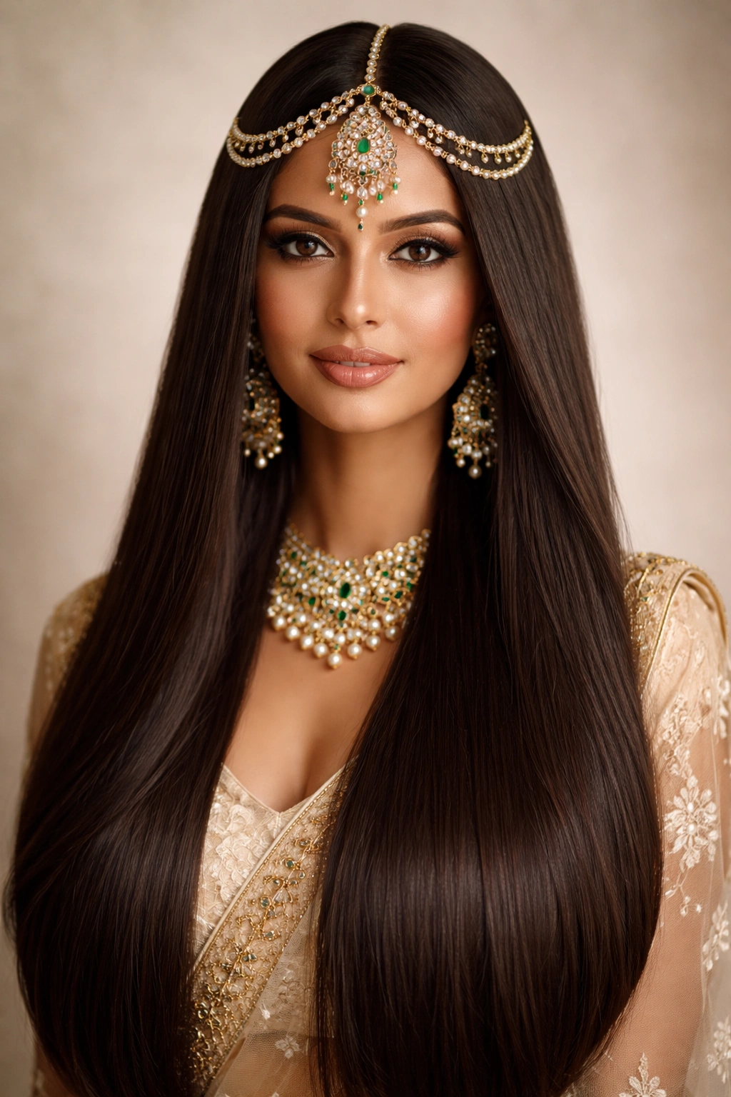 Long straight hair with decorative head jewelry
