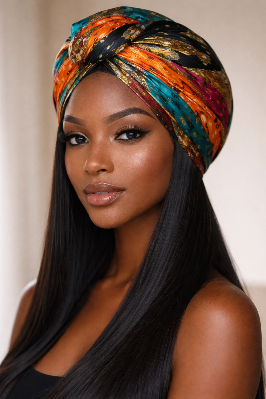 Straight hair with a bold silk headwrap showing vibrant colors