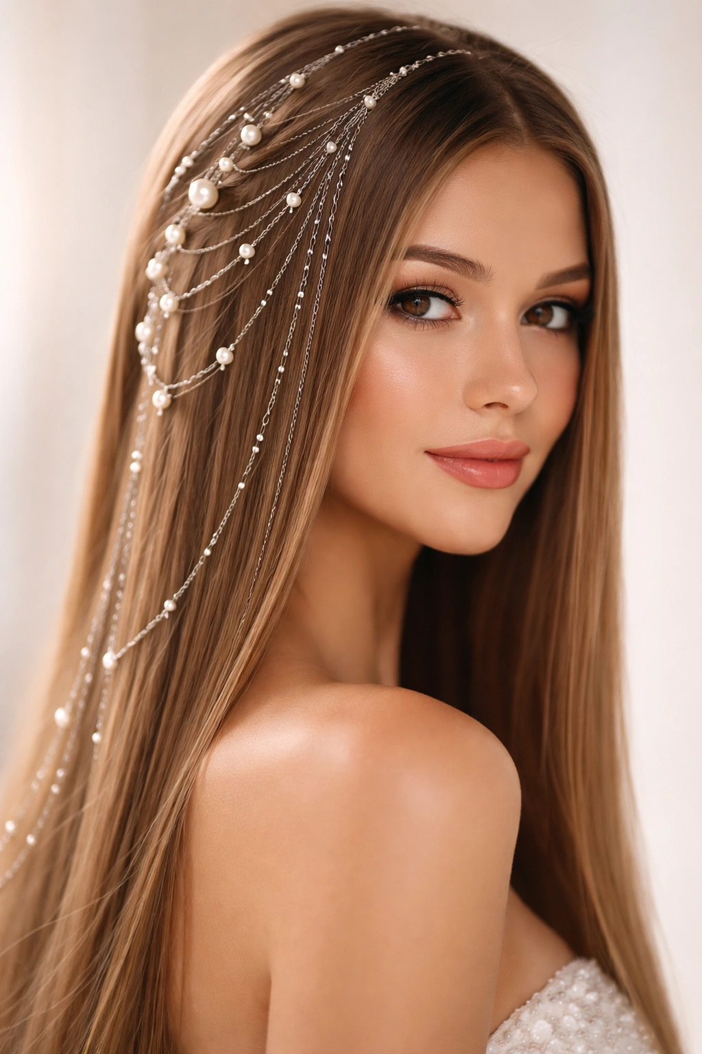 Straight hair with delicate pearl and chain jewelry woven through hair