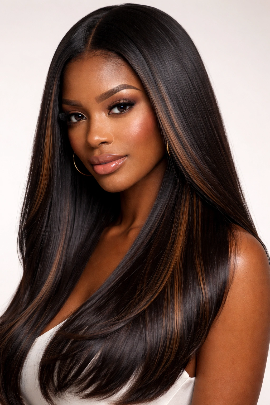 Close-up of straight glossy hair showing subtle interior highlights peeking through