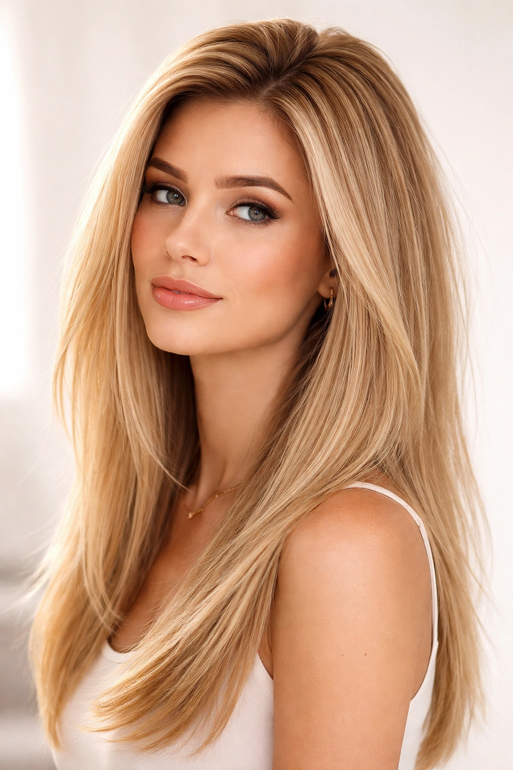 Close-up of straight hair with lifted roots and volumizing texture in studio lighting