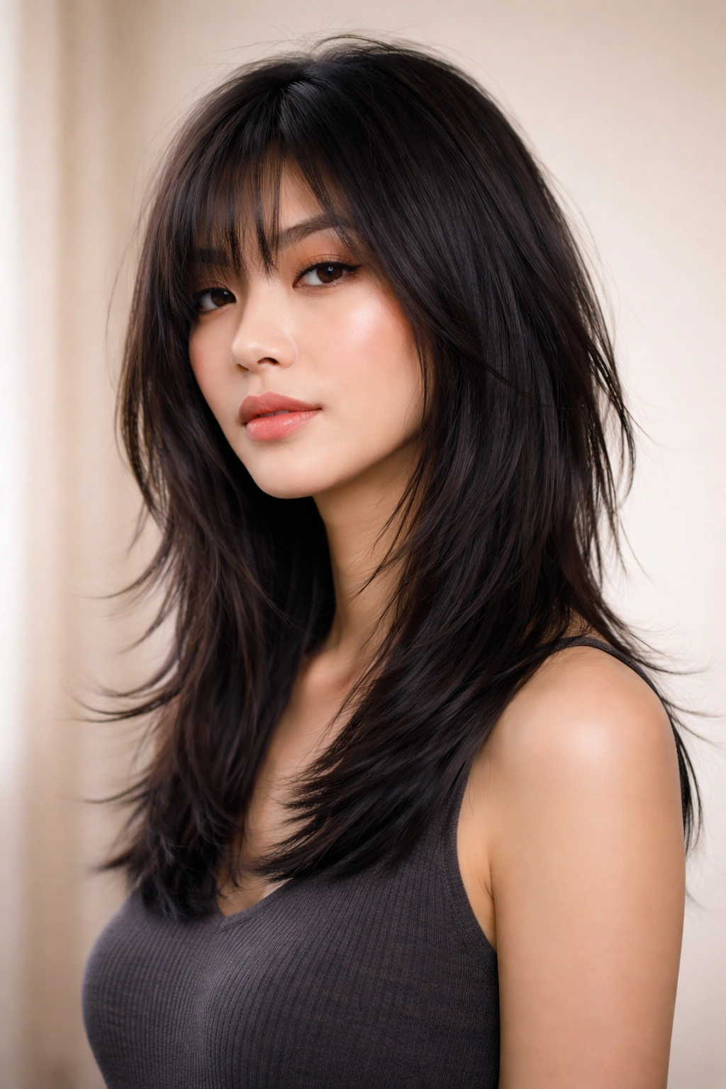 Shoulder-length straight hair with choppy shag layers and shine