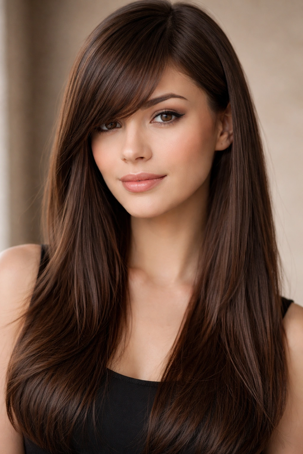 Model with straight hair and sideswept bangs creating diagonal fringe.