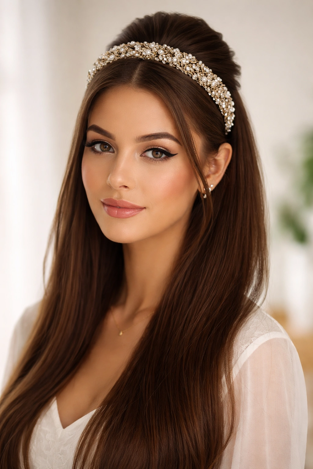 Straight half-up wig with ornate headband