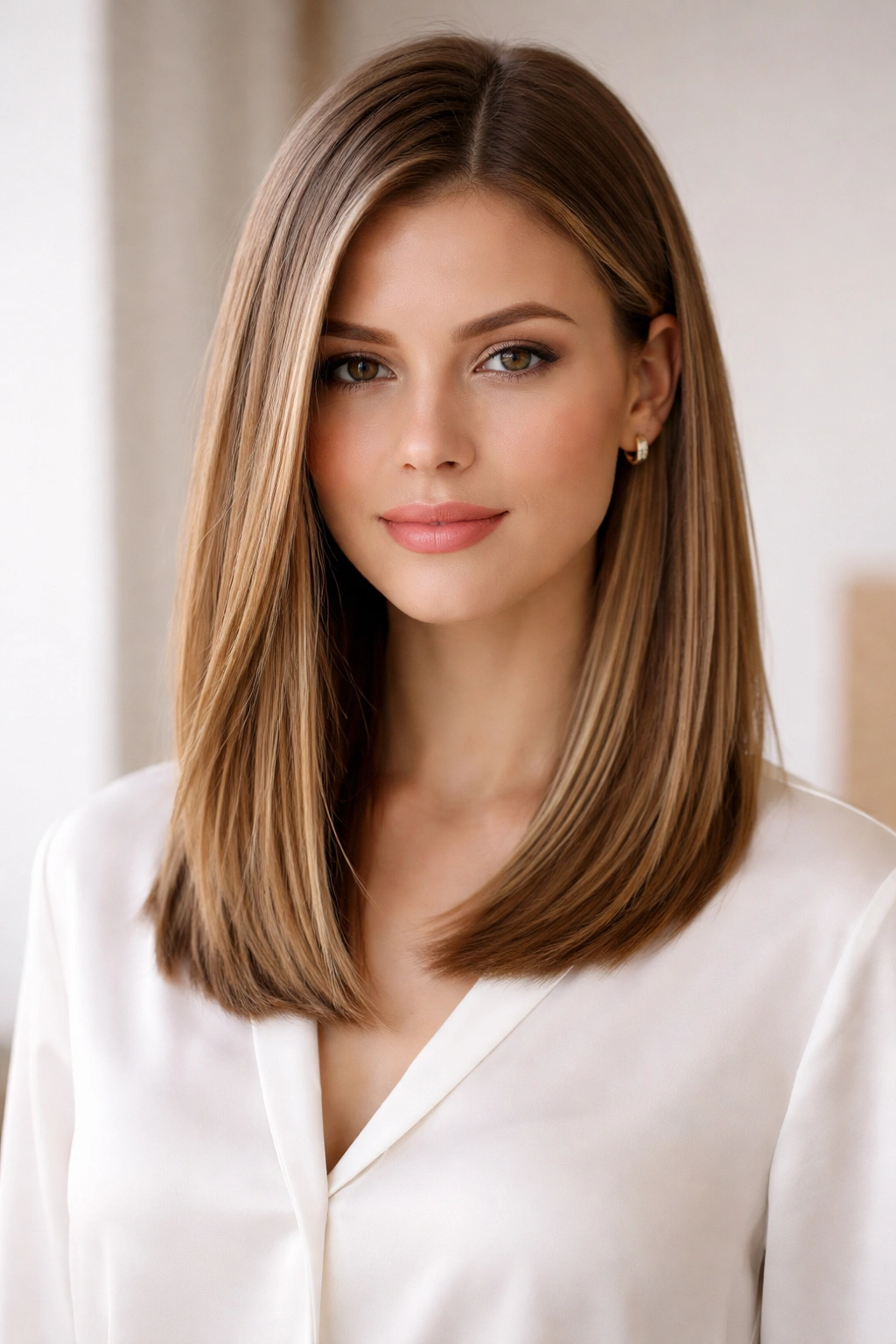 Straight lob with subtle layers and depth, glossy collarbone-length hair in a clean studio
